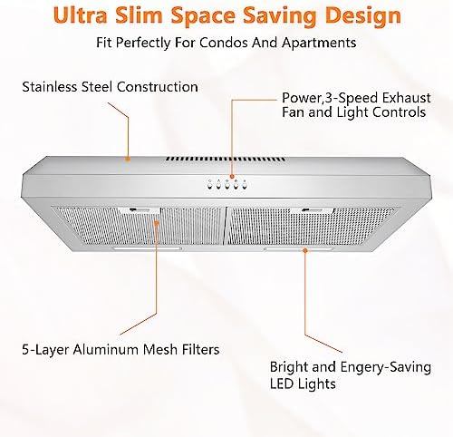 Upgraded 600 CFM Range Hood 30 inch, Under Cabinet Range Hood for Duct/Ductless Convertible, Stainless Steel Kitchen Stove Vent with 3 Speed Kitchen Exhaust Fan and Two Bright Energy-Saving LED — view 4