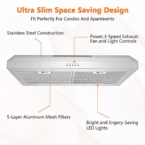 Upgraded 600 CFM Range Hood 30 inch, Under Cabinet Range Hood for Duct/Ductless Convertible, Stainless Steel Kitchen Stove Vent with 3 Speed Kitchen Exhaust Fan and Two Bright Energy-Saving LED