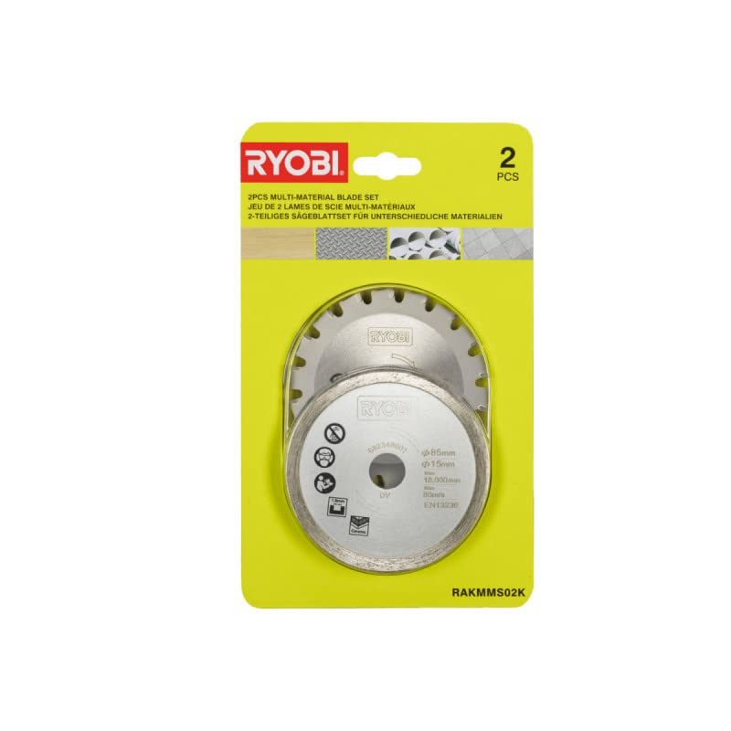Pack RYOBI - Scie multi matériaux R18MMS-0-18V One+ 85mm - 2 lames - Sans batterie ni chargeur - Kit 2 lames bois/métal/carrelage - RAKMMS02K