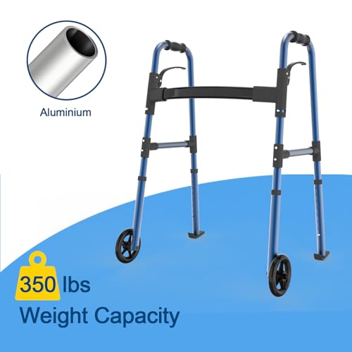 Loyoda Folding Walkers for Seniors, Medical Walker 5'' Front Wheel Lightweight Walker with Storage Bag and Skis Glides Height Adjustable Aluminum Compact Standard Walker （Blue） - Thumbnail 4