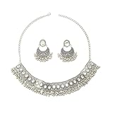 IMINI Juego de pendientes y gargantilla con perlas de imitación de luna para mujer, chapado en plata antigua, estilo bohemio, collar con colgante rectangular, regalo de boda y festival étnico vintage