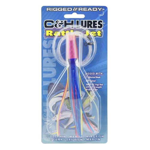 C&H Lures Rattle Jet Rigged & Ready, Blue/Pink Skirt, 7/0 Mustad Hook, AFW Swivel, 100 lb Grand Slam Mono Line, 6 ft