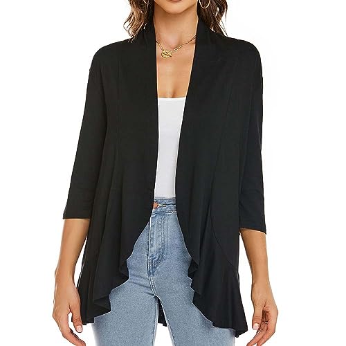 Image of Womens Lightweight Cardigan Open Front Cardigans Soft Draped Ruffles 3 /4 Sleeve Cardigan (S-3XL)