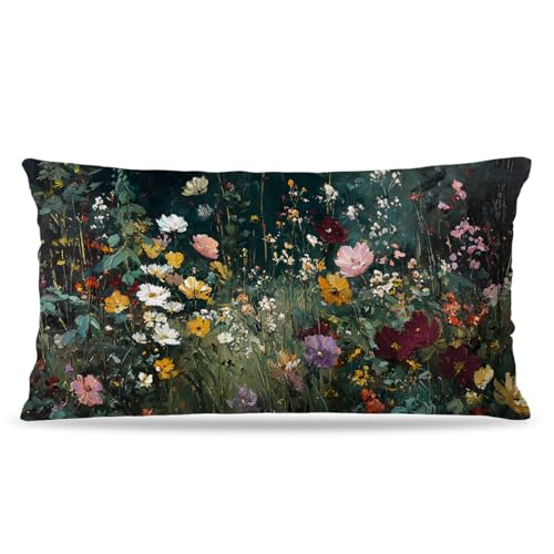DAYOUER Vintage Moody Floral Pillow Covers 12x20 Double-Sided, Dark Academia Room Decor, Dark Cottagecore Botanical Wildflower Decorative Pillow Covers for Home Bedroom Living Room