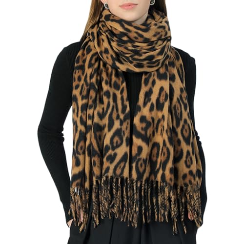 CORIRESHA Women's Cashmere Leopard Print Fringing Hem Warm Winter Long Scarf Shawl