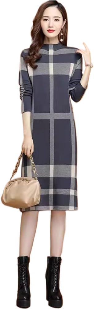 LIXINGHEITANG Knitted Dress for Women Autumn and Winter Striped Color Skirt Sweater Long Thick