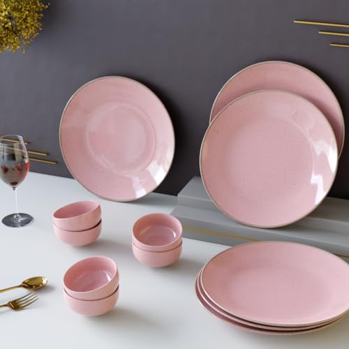 The Earth Store Handcrafted Pink Marble 12 Piece Ceramic Dinner Set, 6 Full Dinner Plates, 6 Vegetable Bowls | Microwave & Dishwasher Safe | Ceramic Plate | Katori (B0D1V4C4QJ) Amazon Price History, Amazon Price Tracker