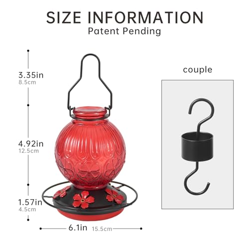 Glass Hummingbird Feeders for Outdoors Hanging, 23Oz Humming Bird Nectar Feeders with Perch, 5 Flower Feeding Ports, Leak Proof Base and Hook for Garden Decor, Gifts for Mom Women (Red) — view 5