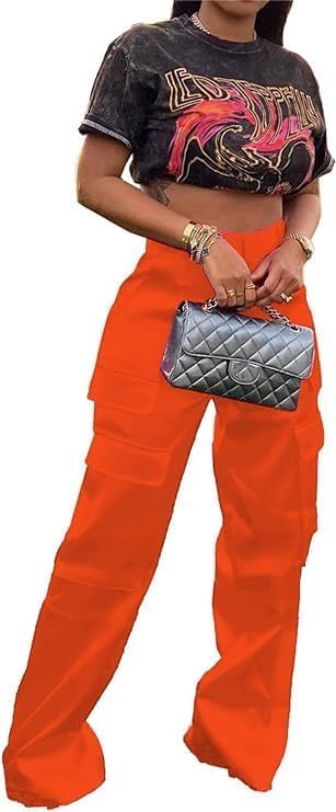 Satin Cargo Pants for Women High Waisted Multiple Pockets Wide Leg Trouser - Image 4