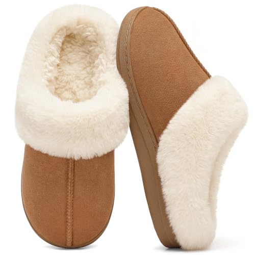 Image of Evshine Women Slippers Memory Foam Winter Ladies Slippers Khaki 5/5.5 | Fluffy shearling lined, Warm breathable, Anti-Slip Sole, Machine Washable