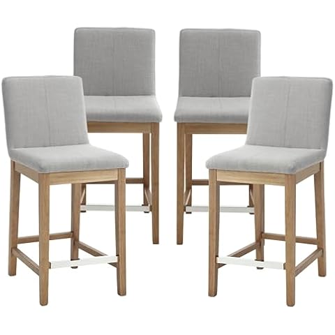 Janoray Wood Counter Stools Set of 4, Mid-Century Modern 26" Counter Height Stool with Back & Footrest Comfy Linen Fabric Barstools Upholstered Stool for Dining Room/Kitchen Island/Pub, Grey Cover