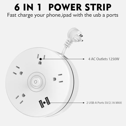 HITRENDS Multitomas de Viaje con Puertos USB, Cable de Extensión de 1.83 m, Multitomas Circular Retráctil con 4 Tomas y 2 Puertos USB, Montable en Pared con Gancho, Blanco miniatura 3