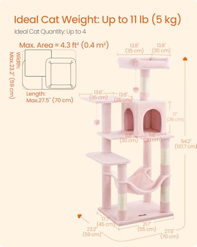 Image of Feandrea Cat Tree, 54.2-Inch Cat Tower, Plush Multi-Level Condo with 4 Scratching Posts, 2 Perches, Hammock, Cave, Jelly Pink UPCT161P01