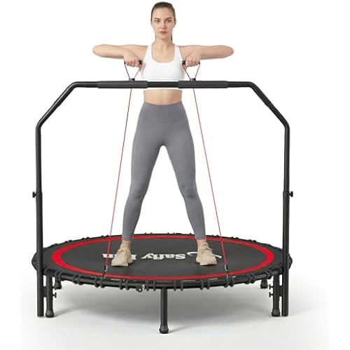 40''/45''/50'' Rebounder Trampoline for Adults, 450-550 lbs Foldable Mini Trampoline with Handle – Indoor Outdoor Fitness Trampoline with Resistance Bands for Cardio, Balance & Family Exercise