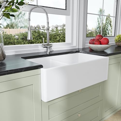 Nuie White Belfast Kitchen Sink 33 inch 60/40 Double Bowl Apron Front Farmhouse Sink, Stepped Weir Design, Fireclay Ceramic Kitchen Sinks, Farmhouse Belfast Sinks - 33x18x10" (White)
