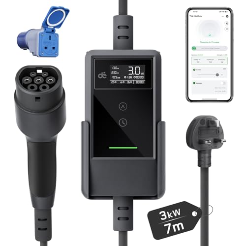 dé EV Charger 3 Pin Plug 3kW App [7m, 6-13A] Electric Car Charger, Type 2 Charging Cable Compatible with Model Y/3, Q4, Enyaq, Spring, Kuga, 5 E-Tech and Other Type 2 EVs/PHEVs