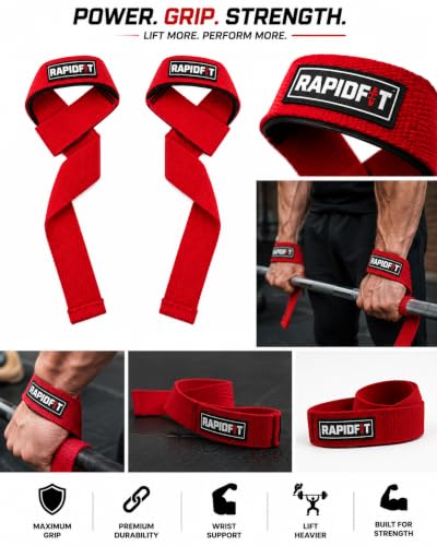 Image of Heavy Cotton Weight Lifting Straps 24 inch - Professional Non-Slip Lasso Wrist Support Straps with Padded 3.5mm Cuff | Gym Workout Straps for Deadlift, Powerlifting, CrossFit & Strength Training | Anti-Skid Grip Fitness Lifting Accessories (Red)