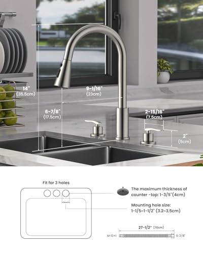 DAYONE 2 Handle Kitchen Faucet with Pull Down Sprayer, 3 Hole Sink Faucets with Separate Handle for Kitchen RV Laundry Bar, 3 Modes, SUS304 Stainless Steel, Brushed Nickel