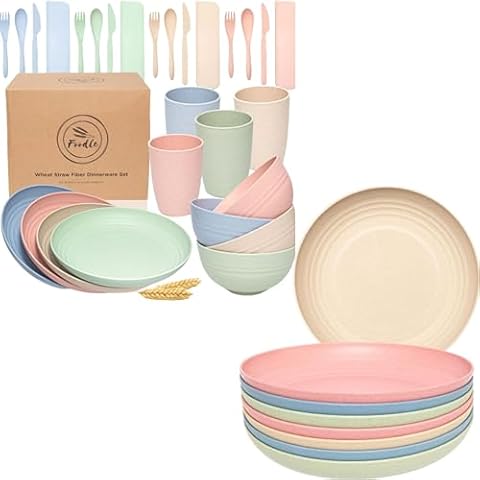 FOODLE Wheat Straw Dinnerware Set + Wheat Straw Plates Bundle - Lightweight & Unbreakable Dishes - Perfect for Camping, Picnic & RV - Microwave & Dishwasher Safe - Kids Plates and Bowls Sets Cover