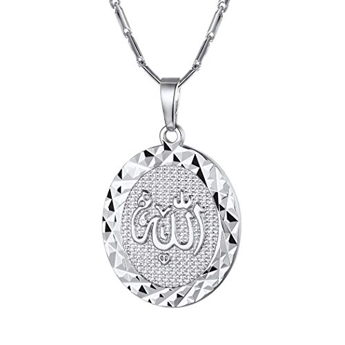 Collier Femme Allah Plaqué Or Blanc/Jaune Serti de Cristal Chaîne Pendentif Religieux Bijou Amulette pour des Musulmans