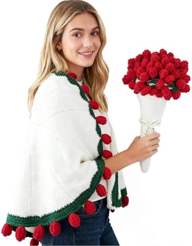 Finished Crochet Flower Bouquet Blanket Valentine Gifts, Handmade Knitted Rose Flower Throw Blankets, White Elephant Gift for Adults Teens Kids Funny Useful, 32 Inch