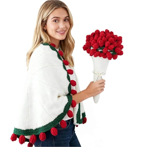 Image of Acteb Finished Crochet Flower Bouquet Blanket Valentine Gifts, Handmade Knitted Rose Flower Throw Blankets, White Elephant Gift for Adults Teens Kids Funny Useful, 32 Inch