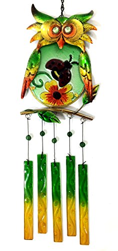 Bejeweled Display Unique Owl w/ Ladybug on Stained Glass Wind Chimes
