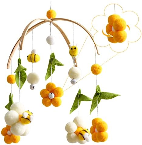 Baby Mobile for Crib Crib Nursery Mobile for Boys Girls Boho Bee Flower Nursery Decor Soothe Toy Baby Shower Set for Infant Bedroom Hanging Decoration Toy(Bee) 5