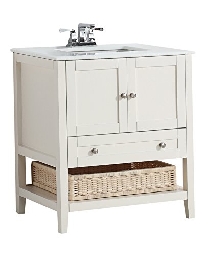 SIMPLIHOME Cape Cod 30 inch Contemporary Bath Vanity in Soft White with White Engineered Quartz Marble Top
