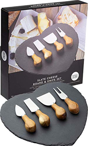 4 Piece Cheese Knife Set & Slate Board - Stylish Cheese Knives Gift Set With Stunning Slate Serving Board. Acacia Wood Handles & Classic Polished Stainless Steel Blades. 10 Year Guarantee.