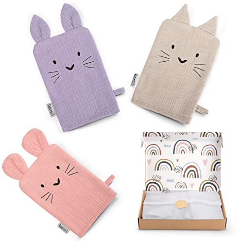 Gant de toilette mousseline coton lot de 3 coloris doux pour toute la famille