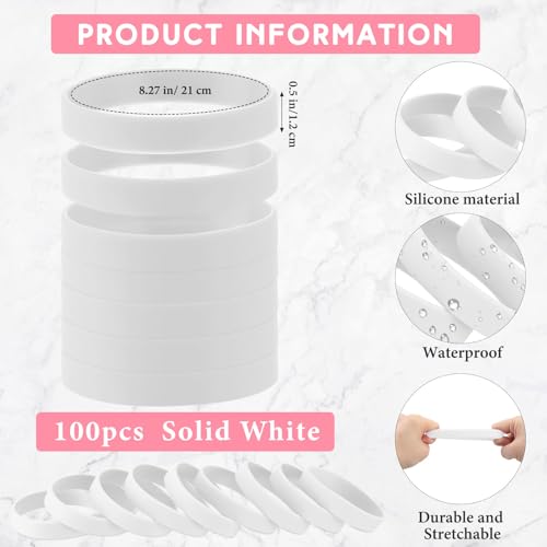 Image of Liliful 100 Pcs Silicone Rubber Wristbands Rubber Wristband Bracelet Bands for Silicone Wristbands for Women Men(White)