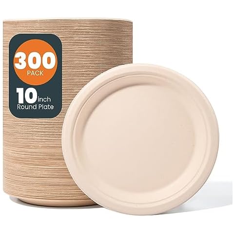 hooray mida 100% Compostable Paper Plates - 10 Inch, Bulk 300 Count - Disposable, Heavy Duty, Biodegradable Plates Made of Bagasse - Eco-Friendly, Large Size (Natural) Cover