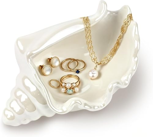 White Ceramic Seashell Jewellery Dish Trinket Tray, Vanity Gift for Women