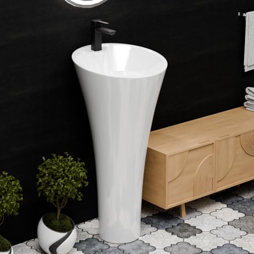 Image of InArt One Piece Ceramic Pedestal Free Standing Round Wash Basin for Living Room and Bathroom (15 x 15 x 32 Inch, White)