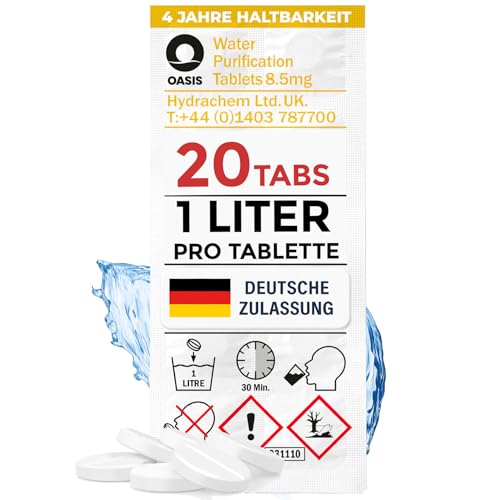 Wicked Chili Travel Wasseraufbereitung Trinkwasser (20 Tabletten je 1 Liter) Wasserentkeimung & Trinkwasseraufbereitung - für Wandern & Campen, Notfallrucksack Reiseapotheke, Notfall Ausrüstung