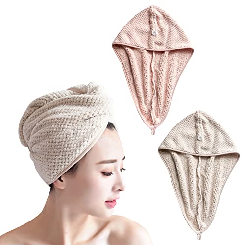 FAIHTS 2 Stück Haarturban Haartrockentuch aus Sanftem Gewirktem Korallenvlies Schnelltrocknend Saugfähig Handtuch Kopftuch mit 3 Knöpfen für Damen, Kinder, Langes Lockiges Haar Cover