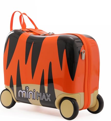 MiniMax 45x36x20cm 29L Kids Ride-On Suitcase - Easyjet Max Size Childrens Rolling Carry On Hand Cabin Luggage Suitcase 45x36x20 4 Wheels - Tiger