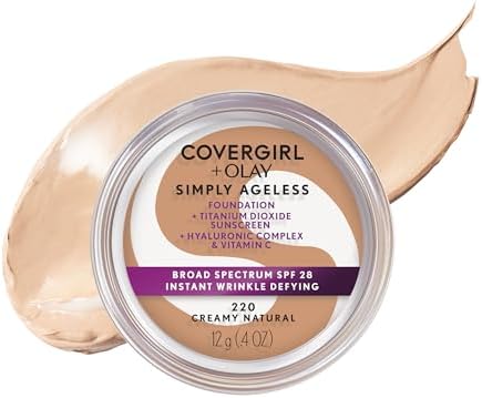 COVERGIRL & Olay Simply Ageless Instant Wrinkle Defying Foundation Creamy Natural 0.4 Ounce Pot, Foundation Plus Titanium Dioxide Sunscreen SPF 28 (packaging may vary)