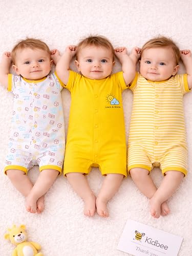Image of Kidbee Infant Cotton Romper Set Pack of 3, Half Sleeve Front Open Bodysuit Jumpsuit for Baby Boys & Girls, 0-9 Months