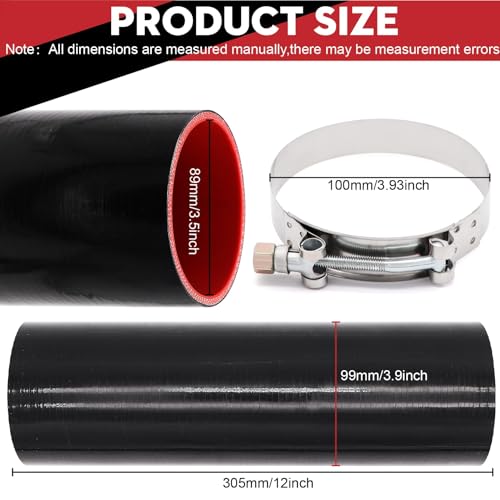 Image of 3 1 /2inch(89mm) Silicone Coupler Straight Hose Rubber 4-Ply 5mm Thickness 12inch Length for Intake Exhaust Pipe Intercooler Coolant Turbo Tube 3.5x8 With 2 PCS Stainless Steel T-clamps