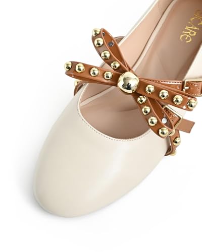 Women's Mary Jane Flats Round Toe Ballet Flats Shoes Pearl Embellished Bow Loafer Flats Slip On Comfortable Stud Strap Soft Dressy Flats Shoes2