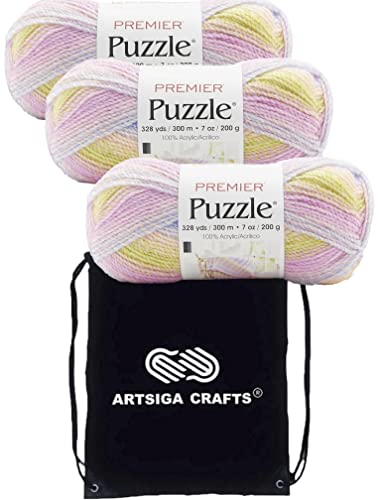 Premier Yarns Puzzle Fresh Blooms 1050-50 (3-Skeins - Same Dye Lot) Chunky Bulky #5 100% Acrylic Yarn for Crocheting and Knitting with Project Bag