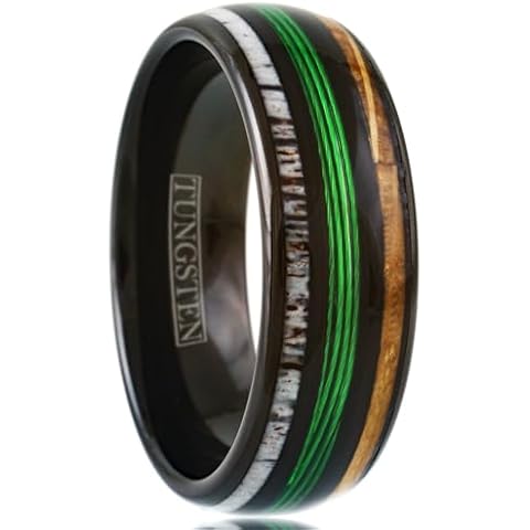 King's Cross Ravishing 8mm Polished Black Tungsten Carbide Low Dome Band Ring with Green Fishing Line Between Whiskey Barrel Oak Wood and Deer Antler Inlays. (8mm 9.5), CNE577 Cover