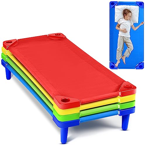 Burbell 4 Pcs Stackable Daycare Cots for Toddler 54" l x 23" W Kids Cots for Sleeping Portable Kids Bed Furniture Bed Frames Headboards Footboards for Classroom Preschool (Multicolor)