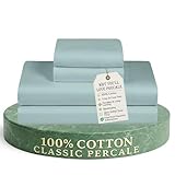 Feather & Stitch Softest 100% Cotton Sheets, 300 Thread Count Percale Weave Bedding, 16' Deep Pocket, Cooling Sheets, Breathable Bed Set, Hotel Premium Quality (Queen, Granite Green)