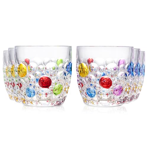 WeirdUncle Handmade Crystal Water Glasses, So Cute, Colored Beaded, Set of 6, Bubble Design, 11oz Modern Hobnail Drinking Glasses, for Water,Whiskey, Wine, Beer,Juice,Cocktail,Coffee, Champagne, Gift