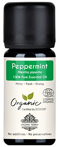 Aroma Tierra Organic Peppermint Essential Oil 10ml - 100% Pure & Natural - Minty, Fresh & Uplifting - For Diffuser, Hair & Skin, Focus, Relaxation, Headache, Massage & Wellness