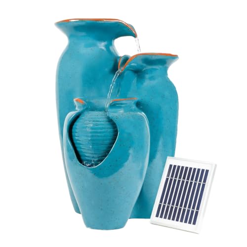Image of Gardenwize - Solar Powered Azure Grecian Pots Water Feature with Battery Backup, Cascading Garden Water Fountain, Outdoor Solar Water Feature for Patios, Balconies and Gardens