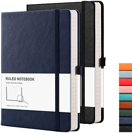 RETTACY Notepad A5 Lined 2 Pack - Leather Journal with 376 Numbered Ruled Pages, Hardcover Notebook,2 Free Sticky Notes Divider,8 Perforated Sheets, Pen Loop, Inner Pocket, 14.5 x 21cmBlack Cyan
